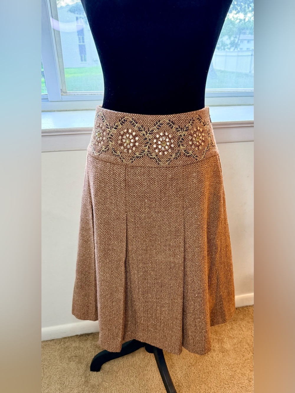 Ann Taylor Loft brown pleated wool blend preppy classic herringbone tweed skirt